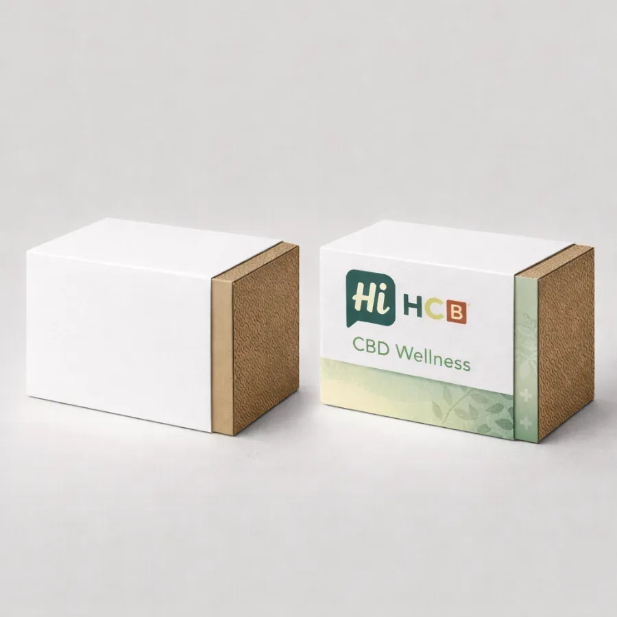 Two small cardboard boxes with white sleeves- highlighting -CBD Wellness- branding and textured brown paper- class=